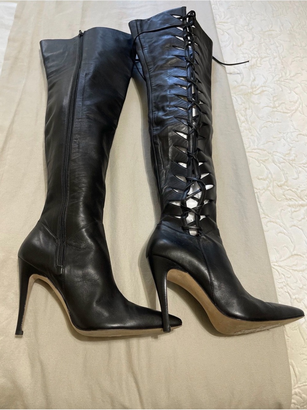 Manolo blahnik Black Lace-Up High Heel Knee Boots - Women's Fashion Boots